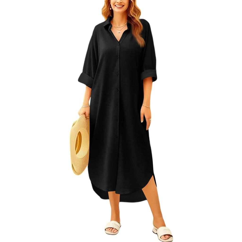 Loose Fit Mid-Length Shirt Dress Women Long Sleeve Button Down Shirt Dress Casual Collared Shirt Dress with Roll-Up Sleeves