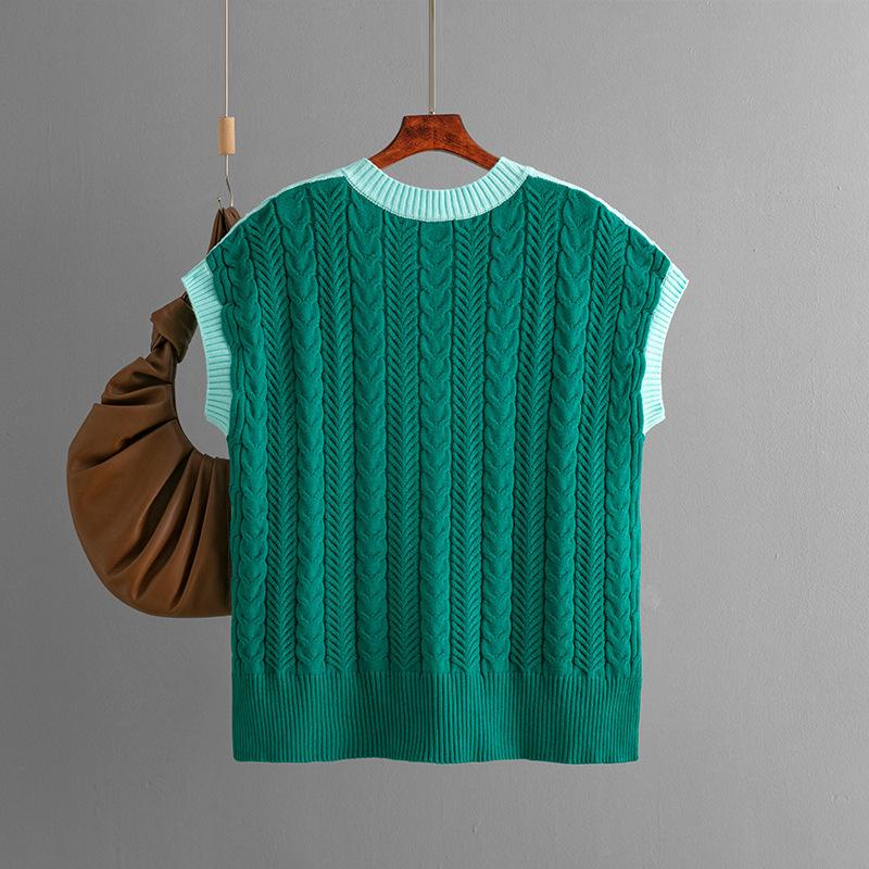 Dámský podzimní zimní ležérní svetr s výstřihem do V bez rukávů s kosočtvercovým pleteným vzorem