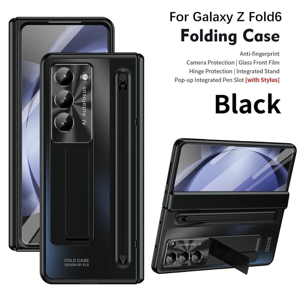 With Touch Pen Hinge Case for Samsung Galaxy Z Fold 6 5 4 3 Armor Stand Full Lens Protection Tempered Film Folding Cover