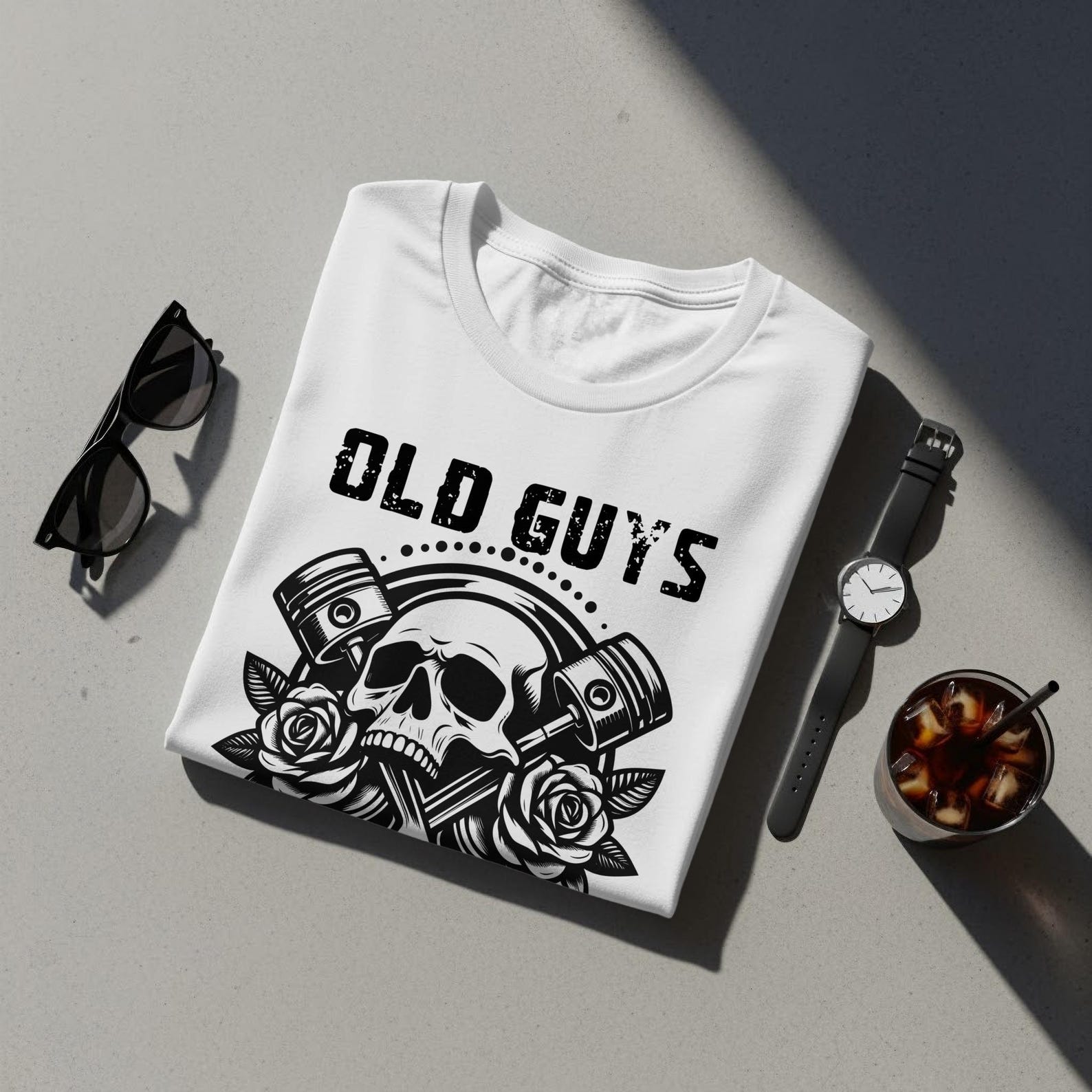 Old Guys Vintage Garage T-Shirt, Skull Pistons Roses Graphic Top S
