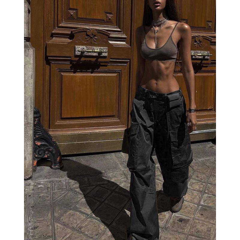 

Fashion Style Cargo Pants Loose Casual Pants Pocket Low Waist Pants Loose Pocket Casual Pants Black M