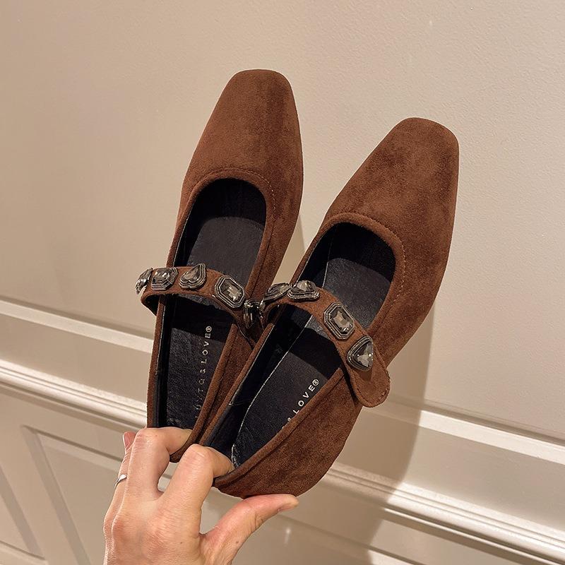 Suede Thick Heel Inner Height Increase Mary Jane Shoes Women's Spring and Autumn New Temperament Versatile Word with Rhinestone Single Shoes