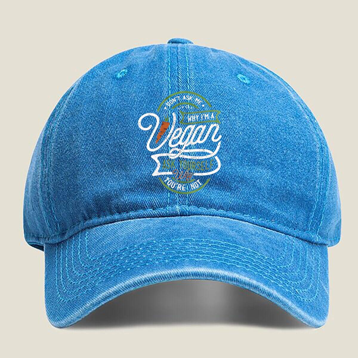 “Why I’m A Vegan” Slogan Fashion Washed Baseball Cap Hat Outdoor Activities One Size озеро синий