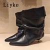 Modne Liyke Vintage Szpiczaste Skórzane Botki Plisowane Dla Kobiety Dziwne Niskie Cienkie Obcasy Buty Botki Do Kostki Kobiety Zapatos De Mujer