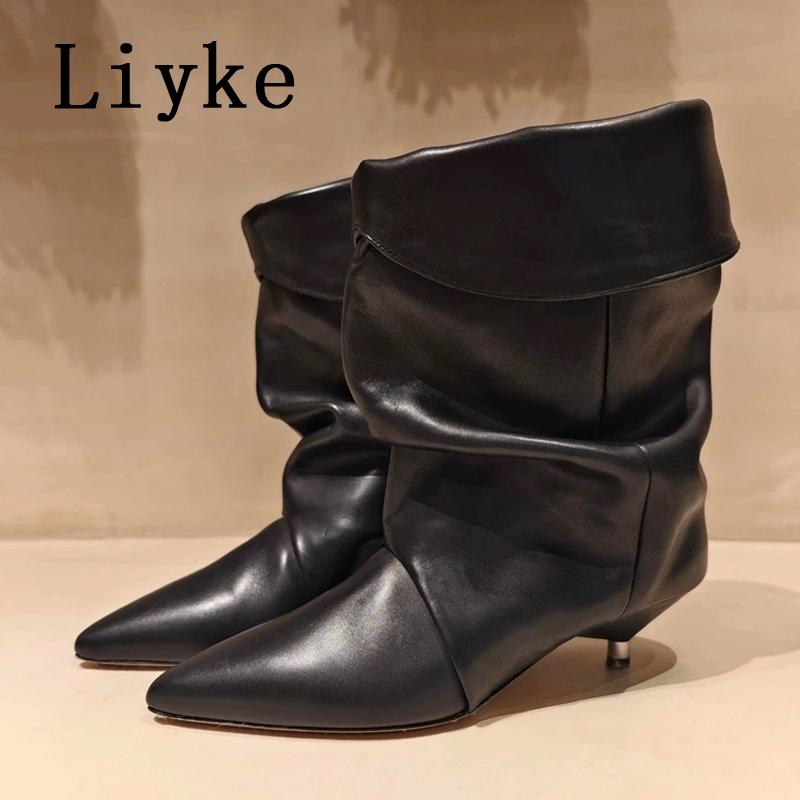 

Модные Liyke Винтажные Кожаные Ботильоны с Заостренным Носком и Плиссировкой для Женщин, Странные Низкие Тонкие Каблуки, Женская Обувь 35 чёрный
