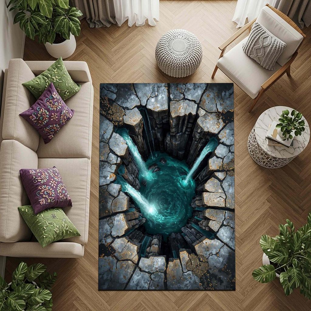 Dywan 3D Wodospad z Iluzją Pękniętego Kamienia Realistyczny Dywan Podłogowy do Salonu Nowoczesna Dekoracja Domu z Iluzją Optyczną