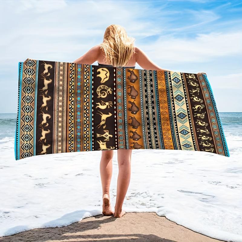 Colorful Ethnic Pattern Beach Towel, Vibrant Tribal Folk Art Quick-Dry Sand-Free Microfiber Bath Towels for Yoga Swim and Travel