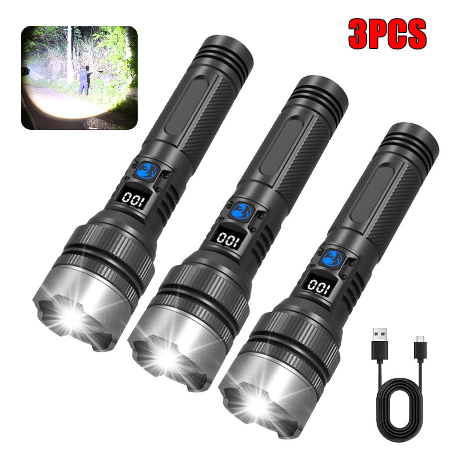 High Strong Power Led Tactical Flashlights Spotlights Telescopic Zoom Built-in Battery USB Rechargeable Camping Emergency Torch