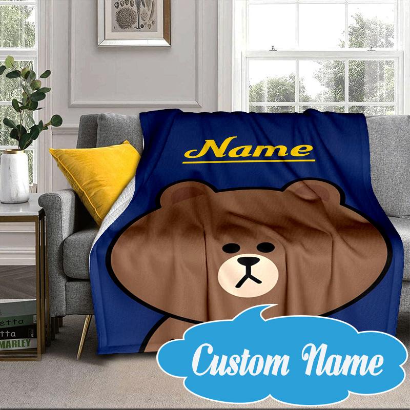 Custom Name Happy Birthday Brown Bear Blanket bed sofa Blanket Flannel Blanket for Camping, Hiking, Picnic Essentials,gift for Fan family