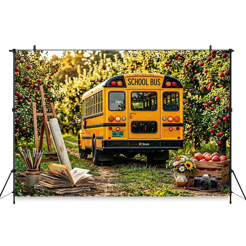 Mocsicka Backgrounds For Photographs School Bus Party Backdrop Autumn Harvest Apple Orchard Decor Student Photo Studio Wallpaper