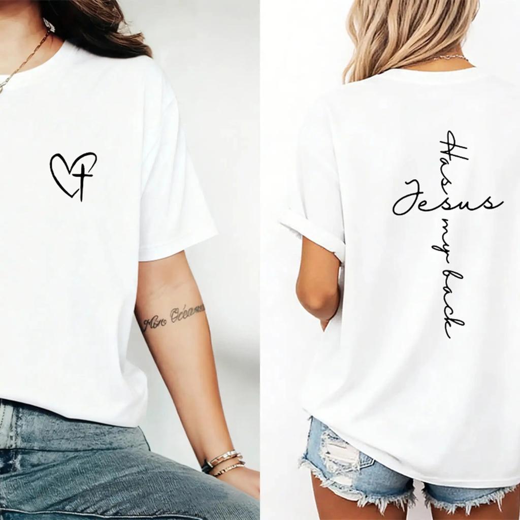 Unisex "Jesus Has My Back" Christian T-Shirt Cross Font & Heart Cross Design Oversized Soft Short Sleeve Faith Healing Top