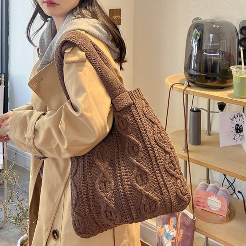 Yogodlns Women Hollow Out Knitted Tote Handbag Solid Color Top Handle Woven Beach Lightweight Elegant Portable Crochet Shoulder Bag