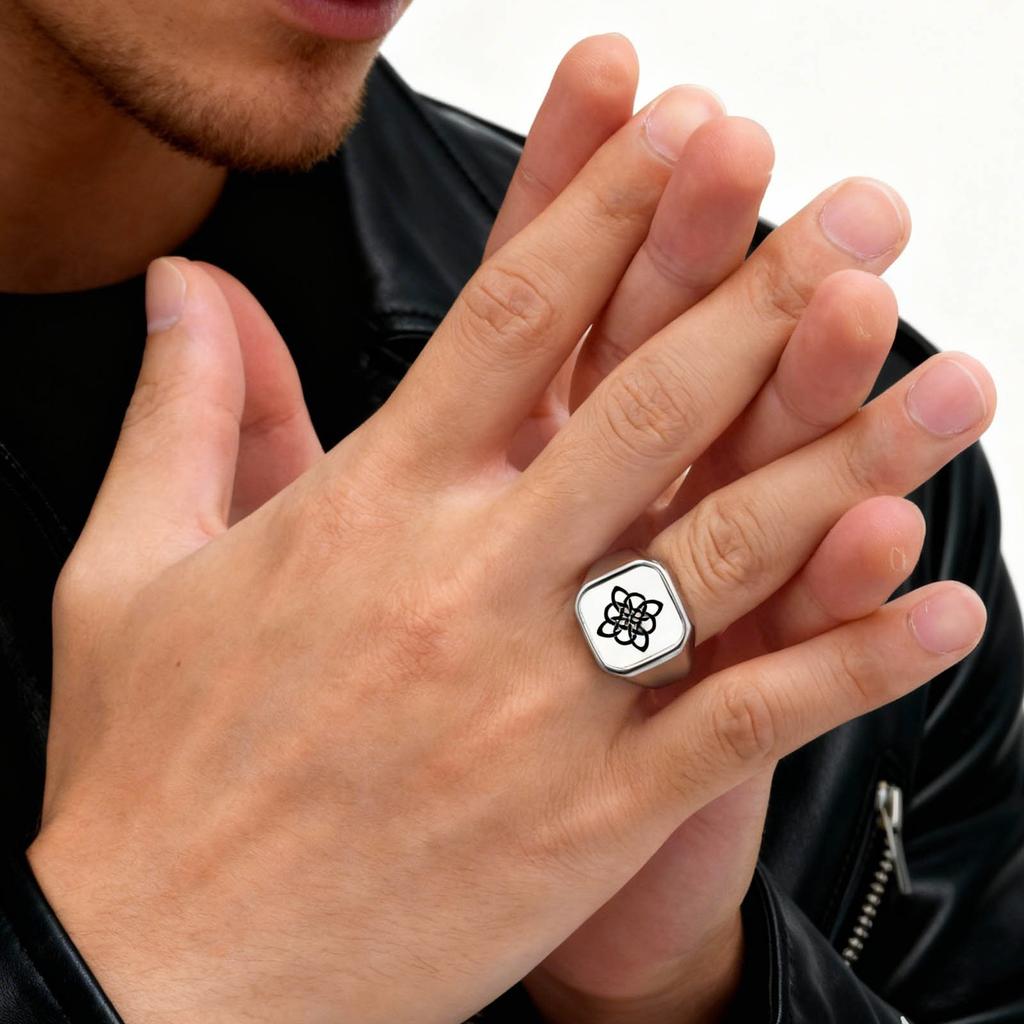 Personalisierter Bildring für Männer Jungen,Edelstahl Wolf Keltisches Knotenbild Siegelring,Schulclub Abzeichen Familienfoto Ring