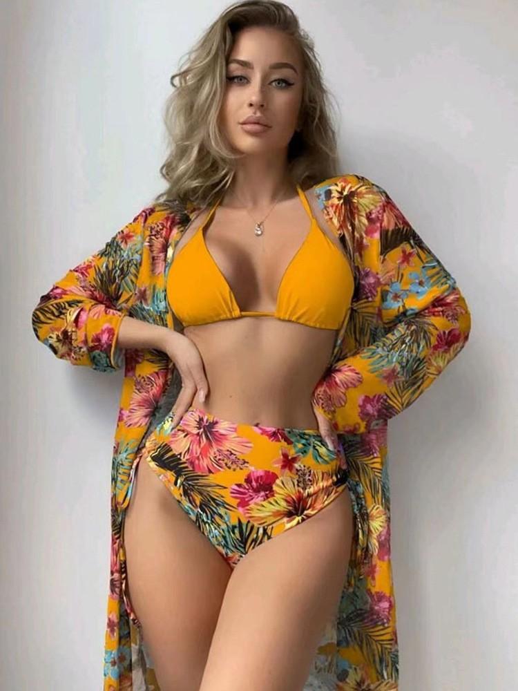 New swimsuit bikini long-sleeved blouse sexy tight-fitting printed split bikini three-piece set