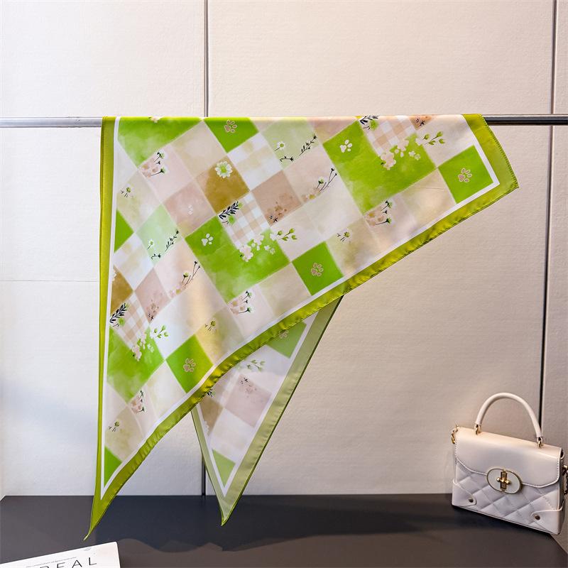 Fresh Plaid Triangle Scarf Imitation Silk Printing Sunscreen Shawl Tied Waist Scarf Women's Silk Scarf Scarf Headscarf Scarf