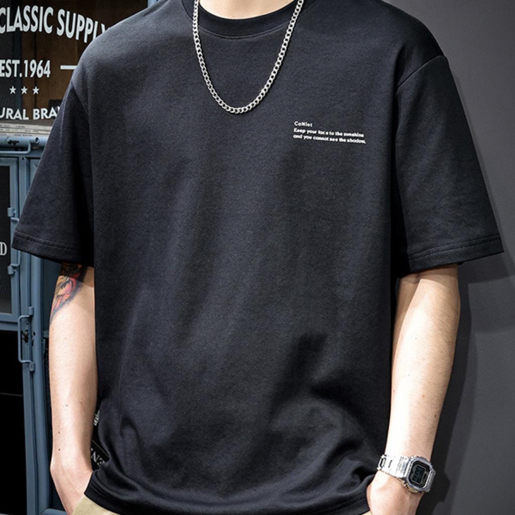 Men's 100% pure cotton summer loose size simple letter printed casual and comfortable round neck short sleeved T-shirt top