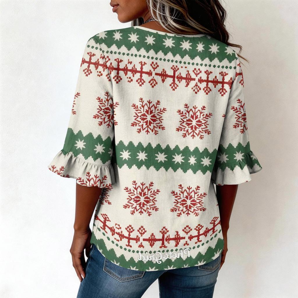 Women's Casual Christmas Print Button Front Top with Lace Sleeves