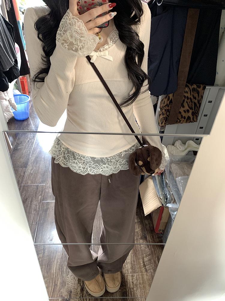 Women s Slim Fit Long-Sleeve Lace Top - Autumn/Winter Waist-Cinching Fashion Small абрикосовый
