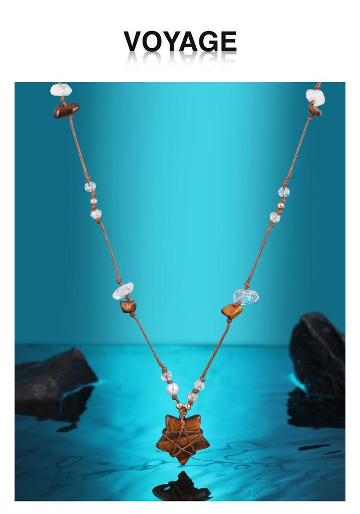 Women's Ethnic Five-Pointed Star Necklace with Tiger Eye Beads On Adjustable Cord
