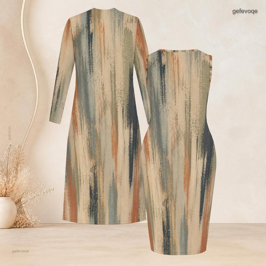 Women Plus Size Two Piece Set Long Sleeve Open Front Cardigan Sleeveless Abstract Printed Bodycon Dress