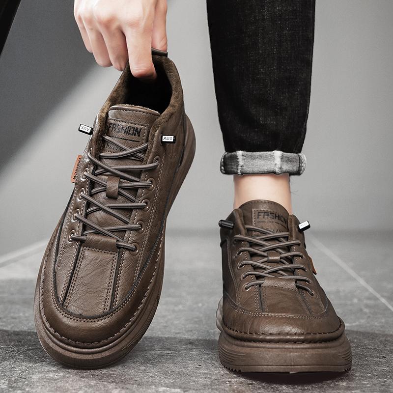 Fashion Men's Flat Shoes Running Sports Shoes with Thick Velvet and Warm Leather Shoes Fashionable and Versatile Casual Hiking Sports