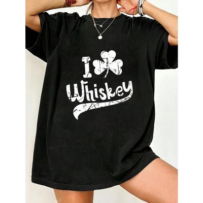 Übergroßes T-Shirt Schwarz Ich liebe Whiskey mit Kleeblattdruck Lässige Streetwear für Frauen Party und Alltagskleidung