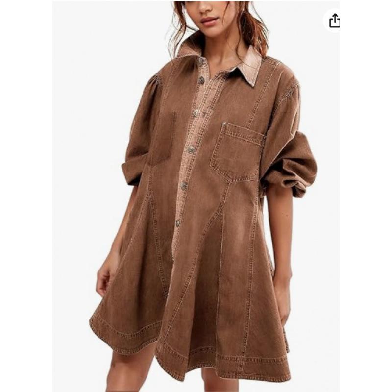 

Women s Long Lantern-sleeved Button-down Shirt Denim Dress L
