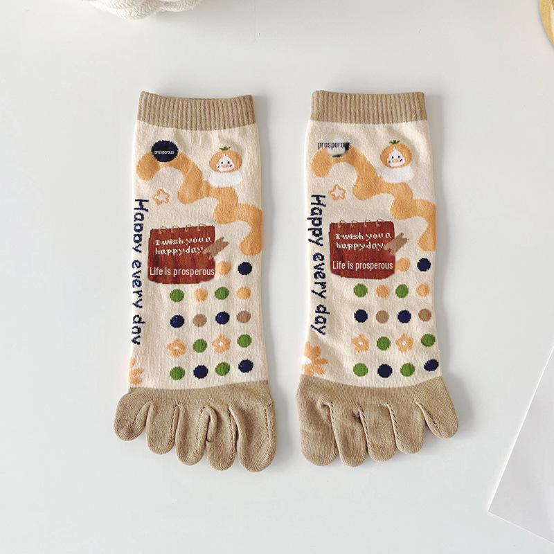 Women's Cute Cartoon Five-Toe Cotton Socks - Breathable, Sweat-Absorbent, Anti-Fungal, Ideal for Spring/Summer, Mid-Tube Length