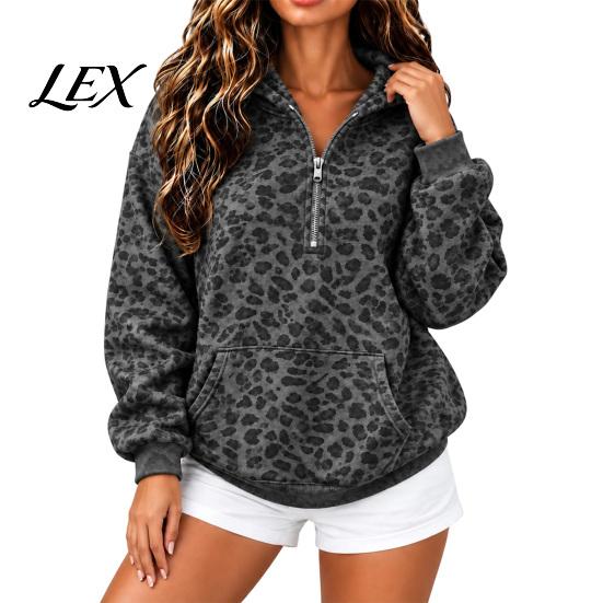 Kadın Oversize Sweatshirt Leopar Desenli Kapüşonlu, Yarım Fermuarlı Kapüşonlu Kanguru Cep Cepli, Sonbahar Uzun Kollu Günlük Kazak Üst İlkbahar Sonbahar