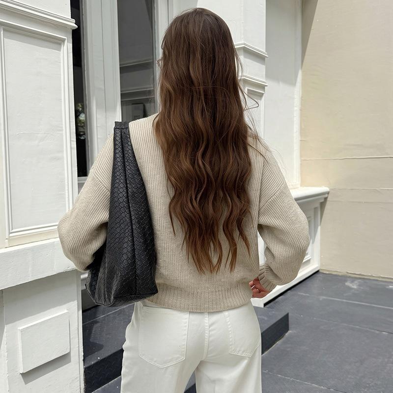 Herbst Pullover Rundhals Einfarbig Alltags Strick Cardigan mit Reißverschluss Jacke für Damen