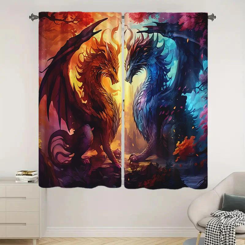 2 pieces of modern dragon pattern printed curtains, pole bag bedroom and living room, home decoration, room decoration