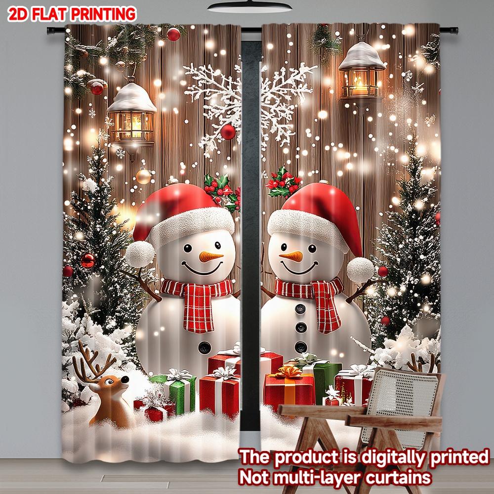 2D Flat Printing 2pcs Christmas Curtains Christmas Snowmen and Gifts Scopic and Stylish 100% Polyester Fiber Holiday Decorations