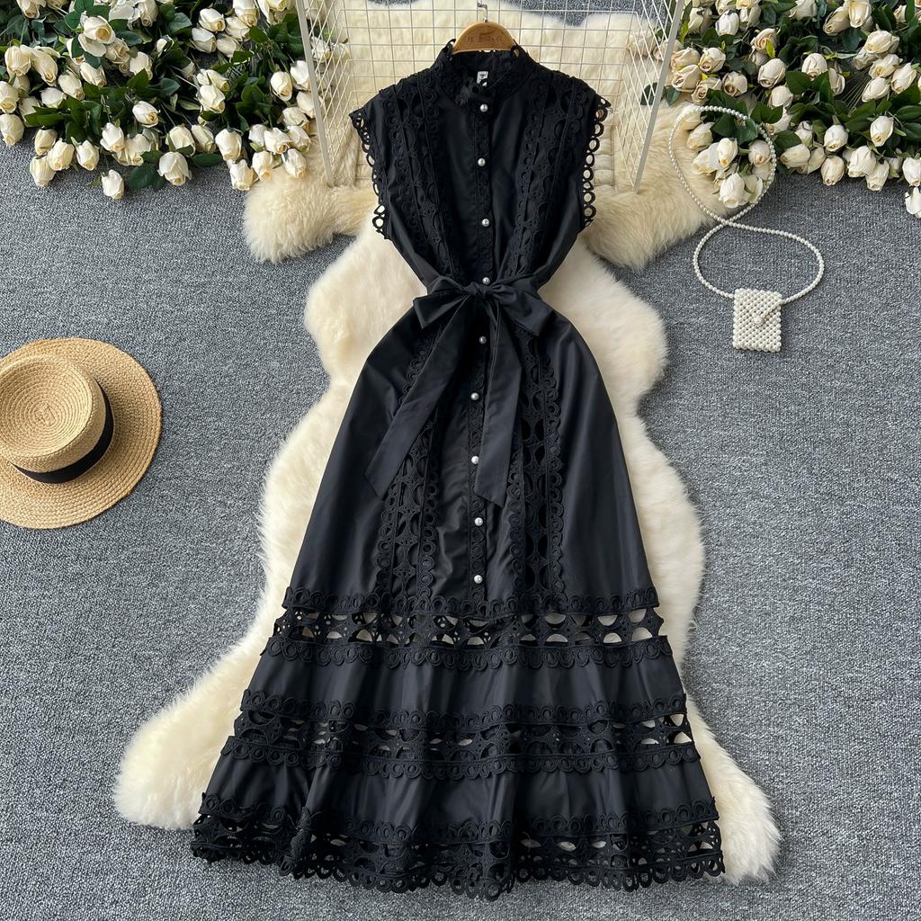 Summer Elegant Stand Collar Lace Spliced Embroidery Holiday Dress Women's Sleeveless Tank Party Dressess
