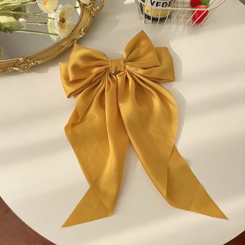 Korean Accessories Hair Clips for Women Girls Big Bowknot Solid Satin Long Ribbon Bows Spring Clamp Barette Cheveux Femme 2023