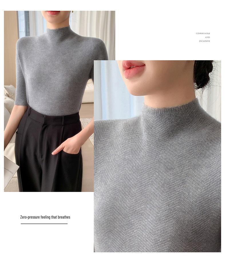 Women's Slim-Fit Knit Sweater: Half-High Neck, Mid-Sleeve, Versatile for Autumn & Winter.