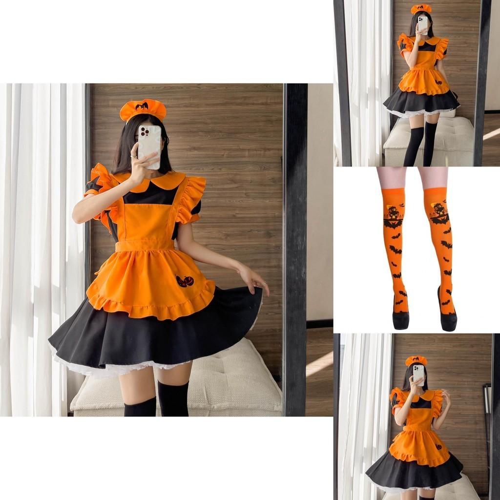 Cute Lolita Pumpkin Maid Halloween Party Costume Dress With Headdress