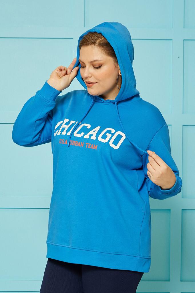 Women's Style Big Size Sweatshirt Chicago Print Hooded Sweatshirt