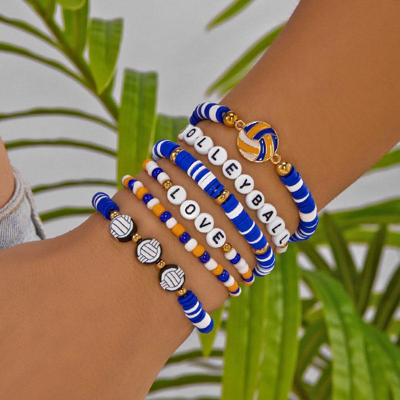 Football Theme Letter Ball Charms Hand Chains Girls Sports  Stackable Bracelet Colorful Polymer Clay Beaded Bracelets