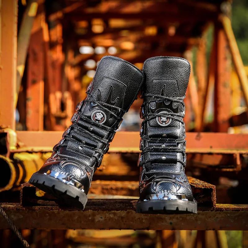 Fashion Army Boots Men Military Boots 2024 Leather Winter Black Cowboy Snow Metal Gothic Punk Boots Male Shoes Motorcycle Desert Boot