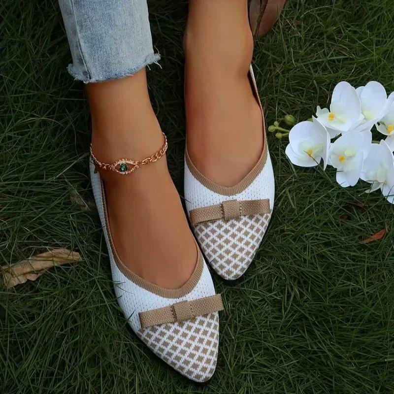 Flache Schuhe mit spitzer Spitze für Damen, einfarbig, gestrickt, Schlupfschuhe, lässig, atmungsaktiv, Ballerinas, flache Schuhe, Halbschuhe, Damen
