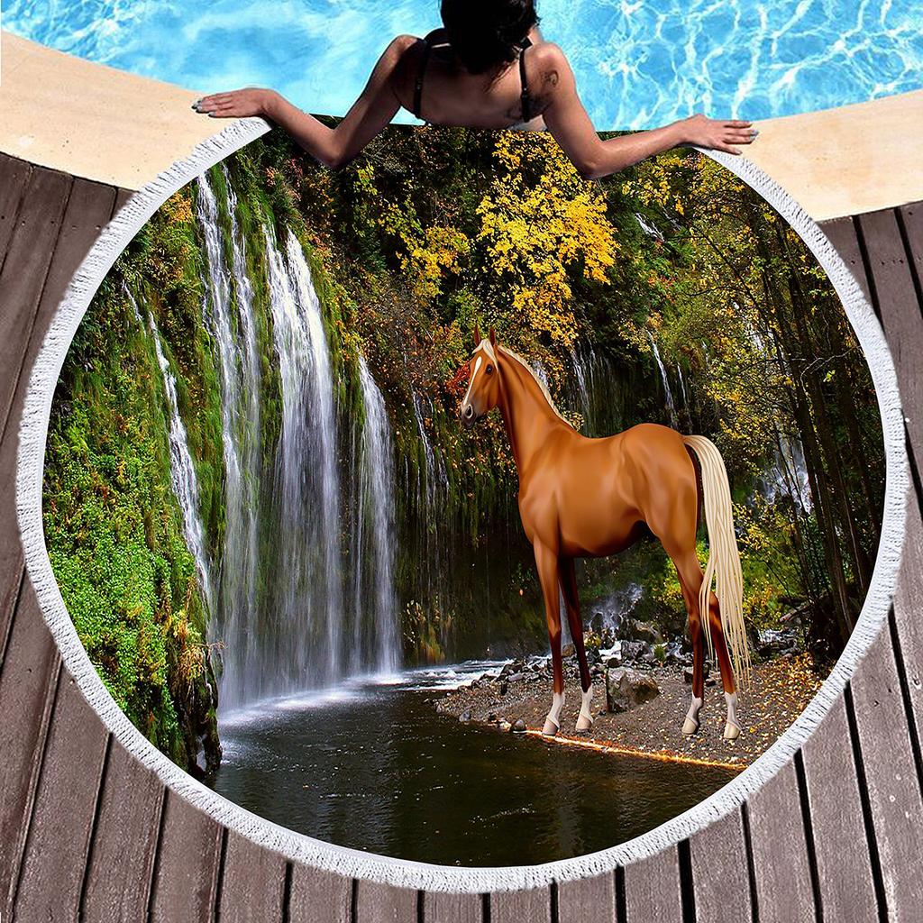Horse Round Beach Towel,Wild Horse Beach Blanket Shawl Soft Microfiber Cowboys Western Farmhouse Rustic Theme Towel For Picnic