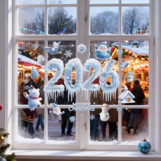 2026 Christmas Window Clings Blue Snowflake Ice Double-Sided Window Stickers PVC