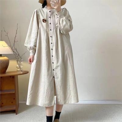 Akordeon Pileli Elbise Retro Edebi Orman Bahar Japon Gevşek Broşlu Elbise