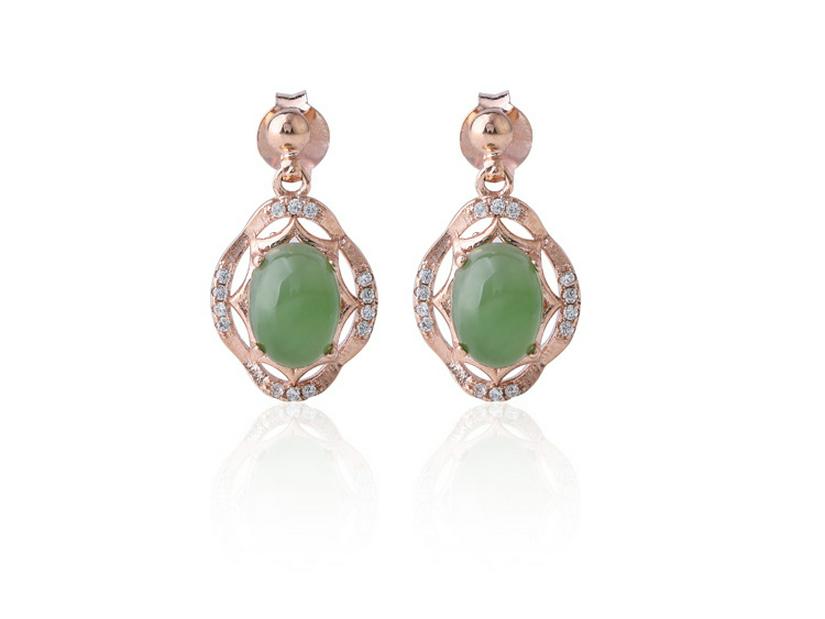 Bridal 4-Piece Set: Rose Gold Plated 925 Silver Earrings, Ring, Necklace with Jasper and Hetian Jade