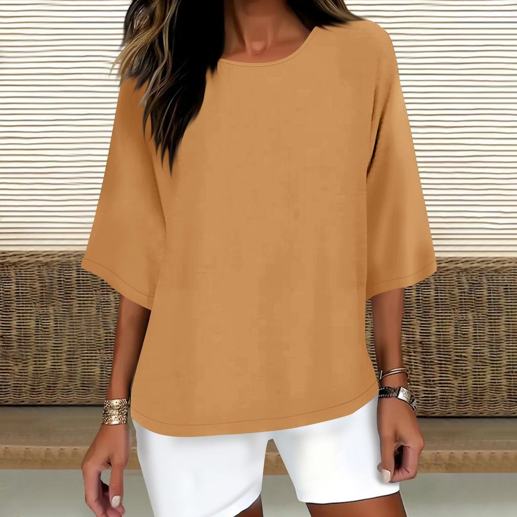 Women's Fashion Solid Color Casual T-Shirt Seven Sleeve Round Neck Cotton Top