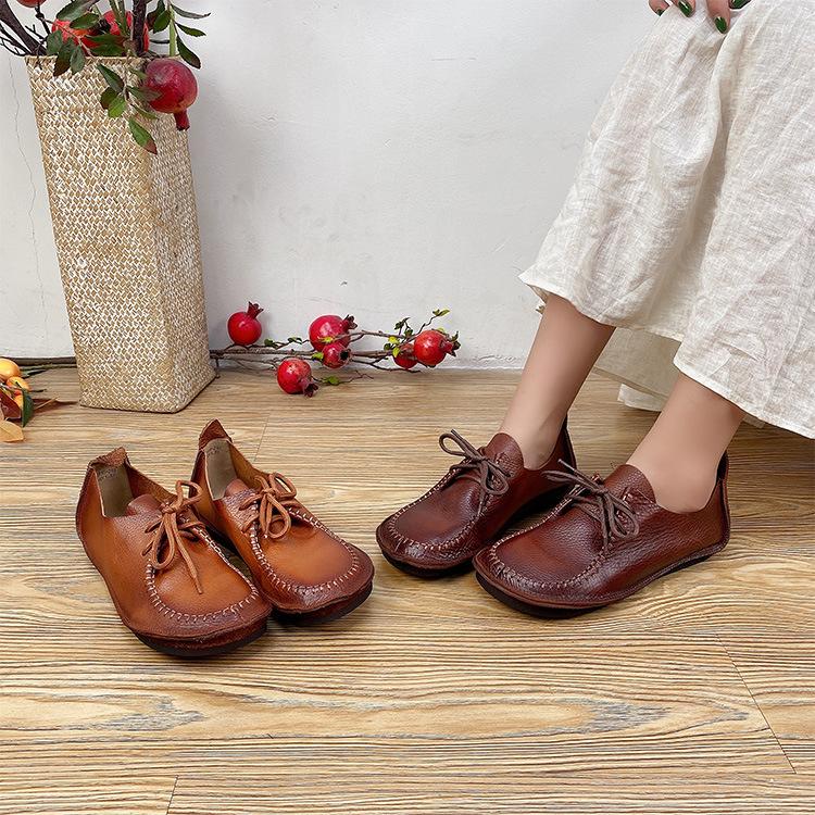 Johnature Prawdziwej skóry damskie mieszkania buty Retro ręcznie robione okrągłe Toe miękkie podeszwy sznurowane wygodne buty