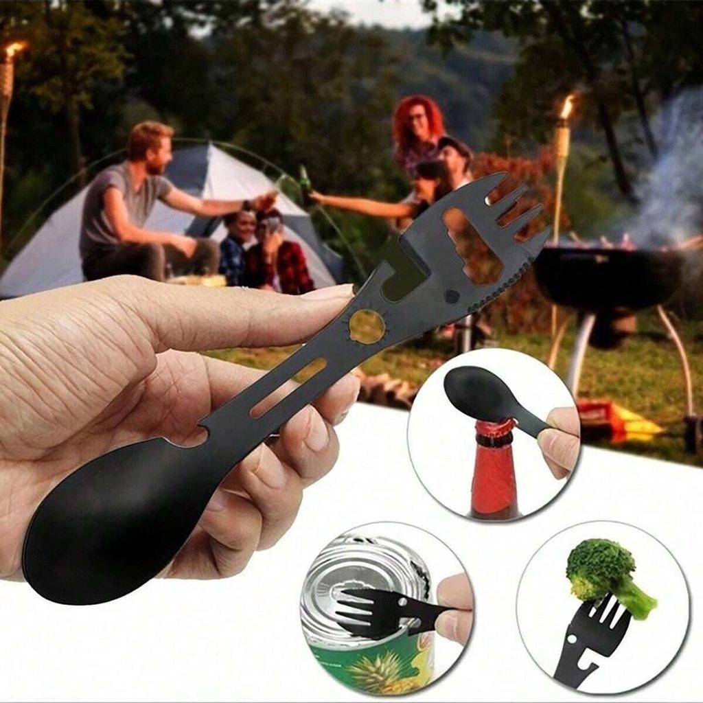 10-in-1 Multi-Functional Spork: Stainless Steel Portable Utensil Spoon, Can Opener, Serrated Knife, Wrench, Direction Indicator