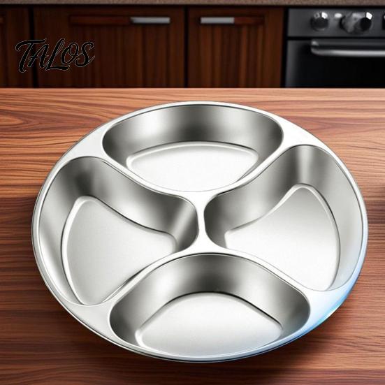 Easy Clean Corrosion Resistant Dinnerware Stainless Steel Divided Platter, 4-grid Metal Dinner Tray, Portion Control Reusable Plate for Family