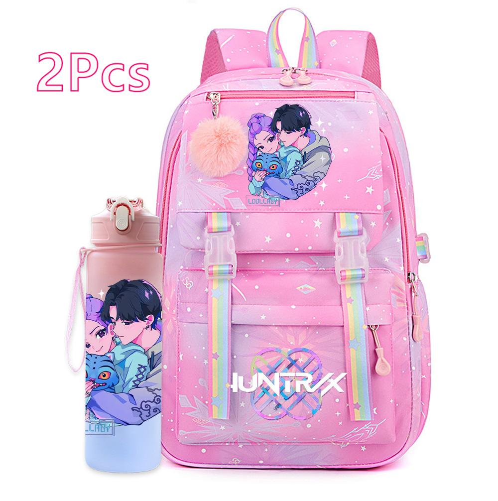 2Pcs/set New Anime Kpop Printed Backpack with 750Ml Water Bottler Large Capacity Travel Bag for Teenager Girl Boy Bookbag Kid Gift Large Capacity Bag