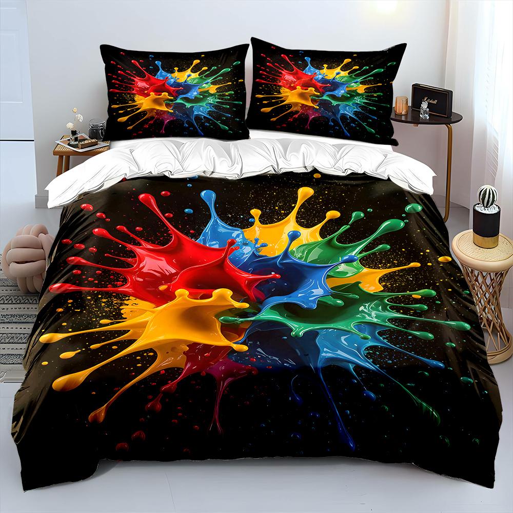 Colorful Paint Splash Artwork Bedding Set For Kids Luxury Gift 3Pcs Digital Print Comforter Set Soft Comfortable Breathable